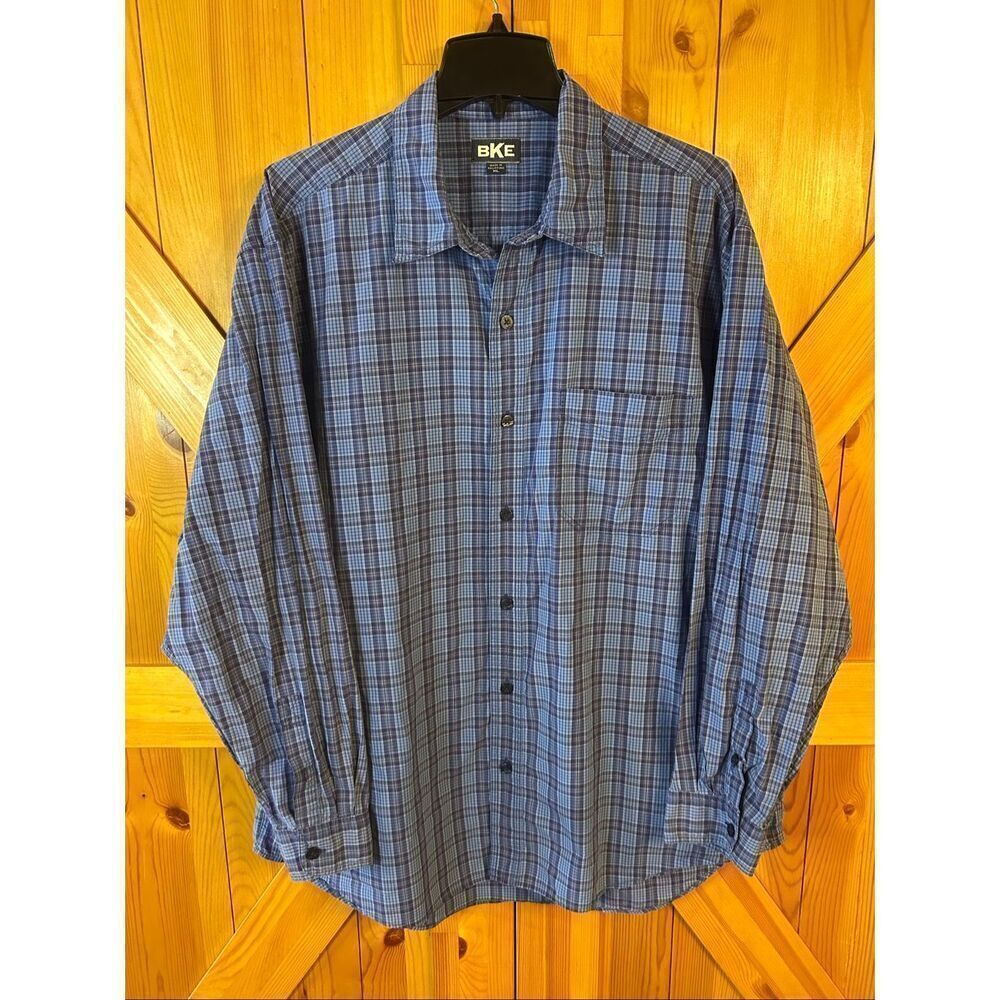 VINTAGE BKE Blue Plaid 100% Cotton Long Sleeve Button Up Shirt Size XL (5494)
